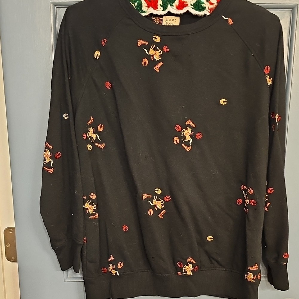 Como Vintage Black Top Sweatshirt Multicolor Embroidery Horse Cowboy Medium
